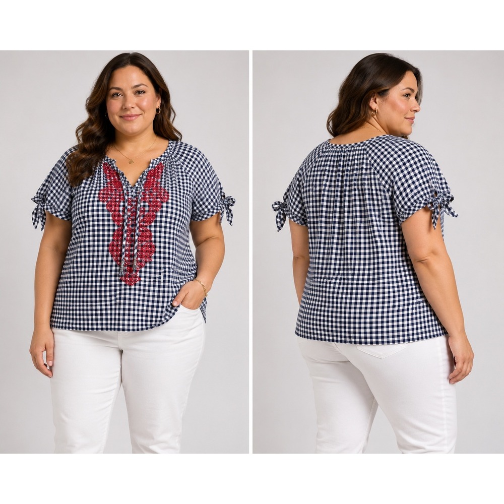 Westport 1962 Gingham Embroidered Blouse Navy White Red Cotton Top Large